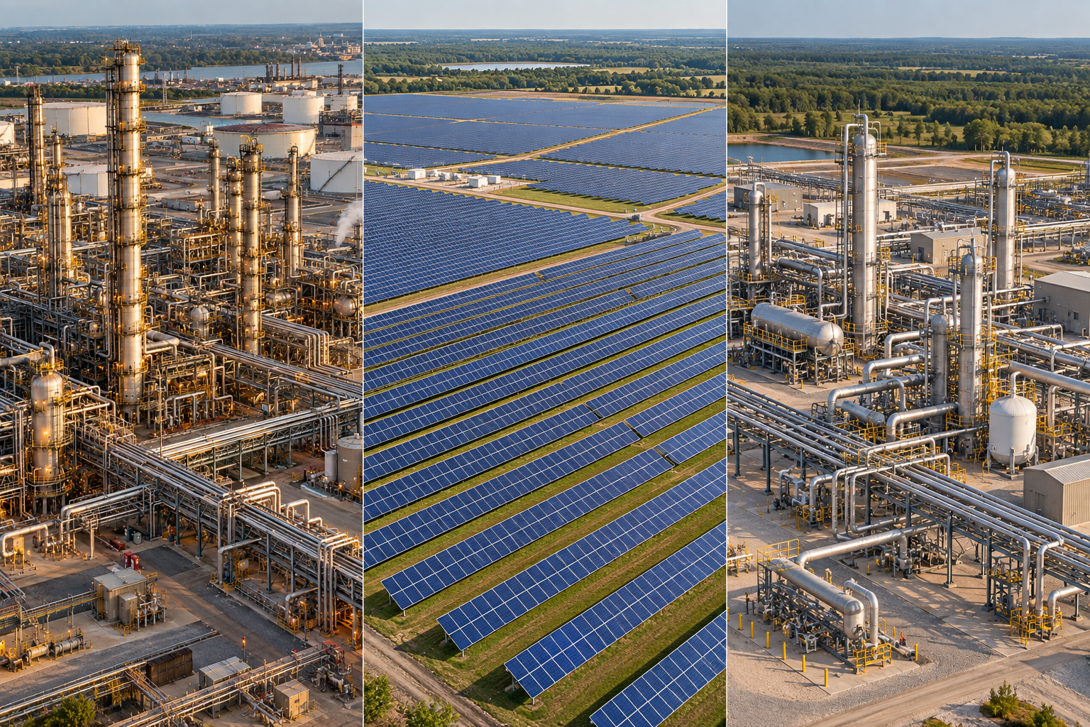 Three aerial views: an oil refinery, a solar farm, and a natural gas processing facility